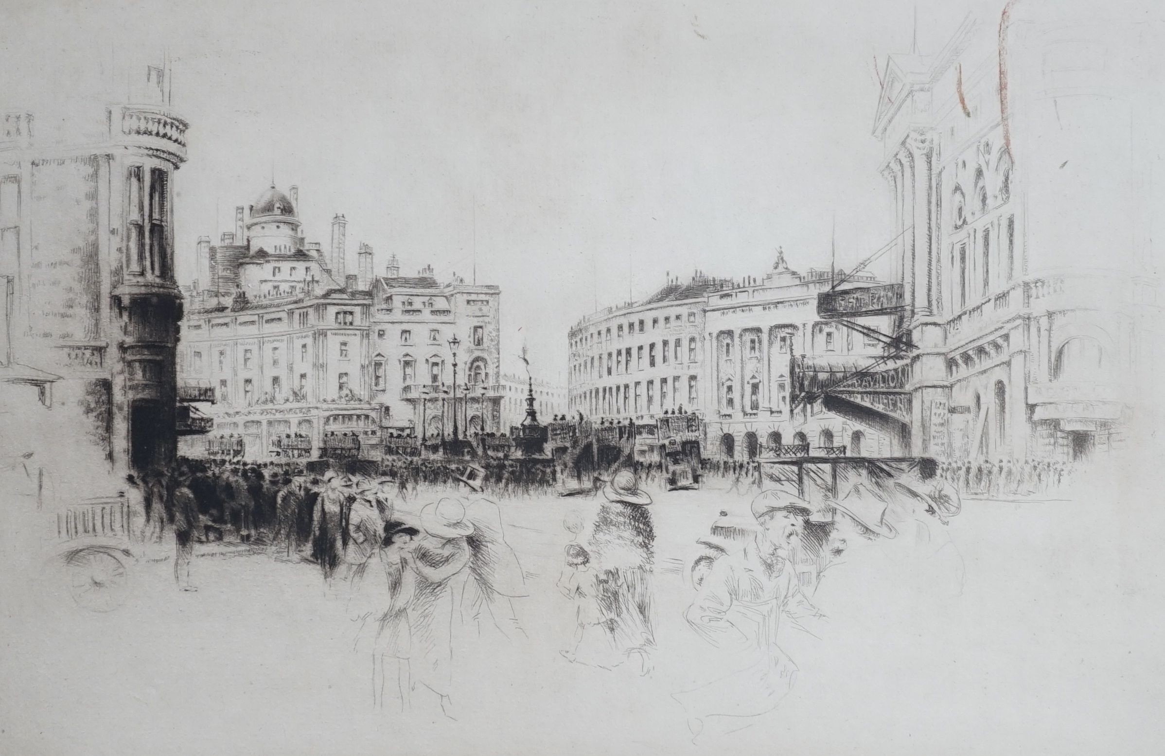 Fred Farrell, drypoint etching, Piccadilly Circus, signed in pencil, 20 x 30cm and a Tom Maxwell etching, 20 x 17cm